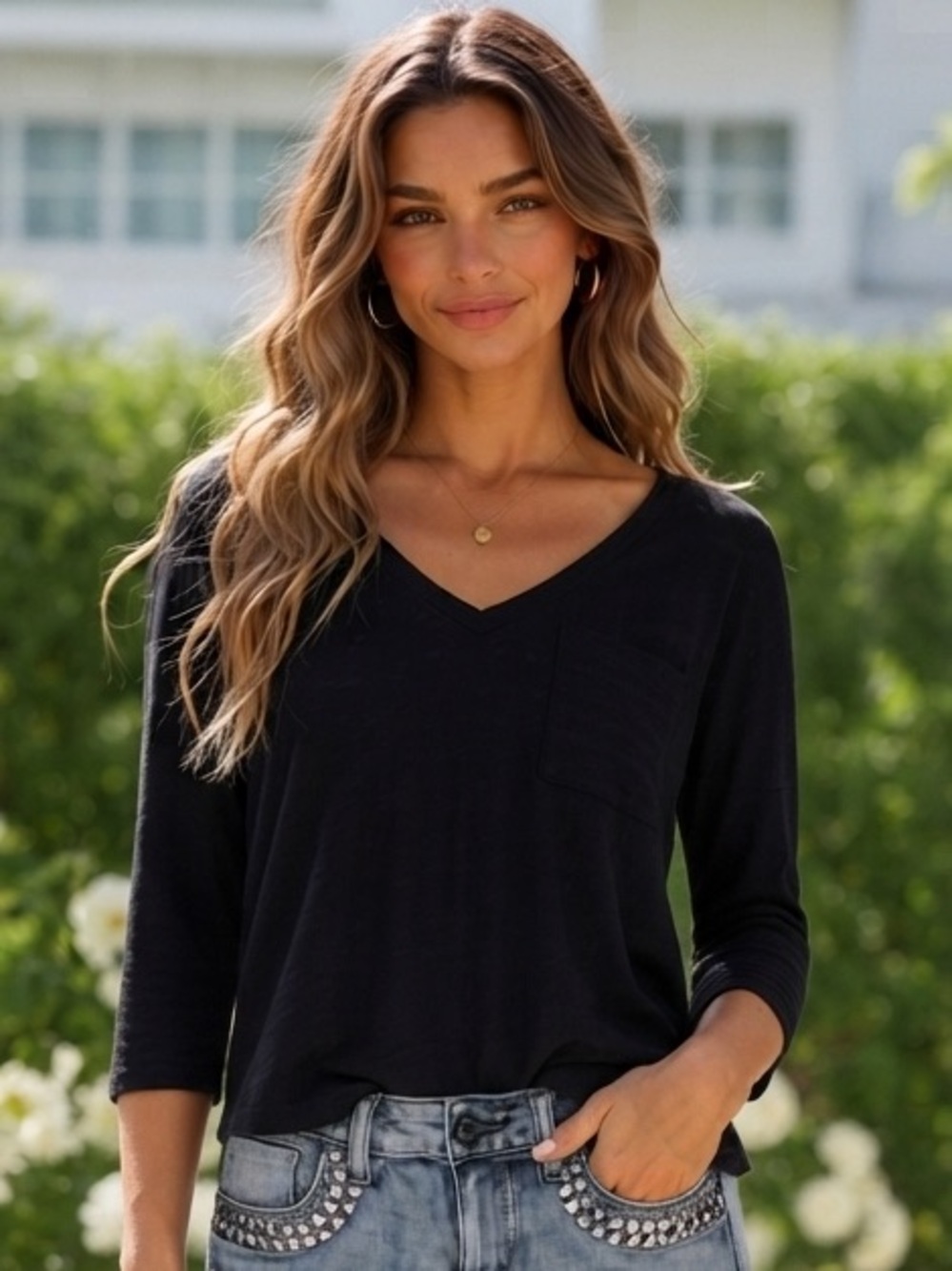 Status by Chenault Black Ribbed V-Neck Top